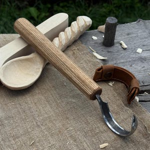 Large Hook Knife for Spoons, Bowls Carving. Sharp Carbon Steel Blade, Ash Wood Handle, Leather Sheath. Hand Forged Knife for Wood Carving.