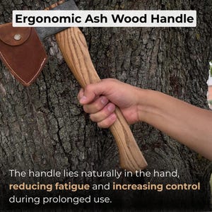 Mała siekiera do rzeźbienia w drewnie. Ostre ostrze. Kuta ręcznie z hartowanej stali węglowej 52100, ergonomiczna rękojeść jesionowa. Pochwa skórzana. Siekiera do rzeźbienia w kształcie łyżki. zdjęcie 4