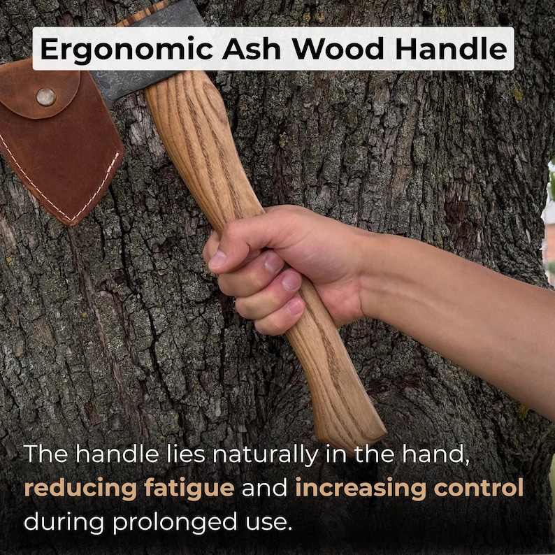 Mała siekiera do rzeźbienia w drewnie. Ostre ostrze. Kuta ręcznie z hartowanej stali węglowej 52100, ergonomiczna rękojeść jesionowa. Pochwa skórzana. Siekiera do rzeźbienia w kształcie łyżki. zdjęcie 4