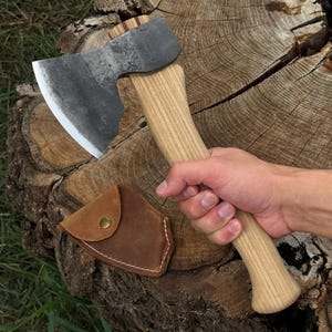 Hand Forged Wood Carving Axe. Hardened Carbon 52100 Steel Blade, Ergonomic Handle, Leather Sheath. Spoon, Bowl Carving Tool for Woodworkers.