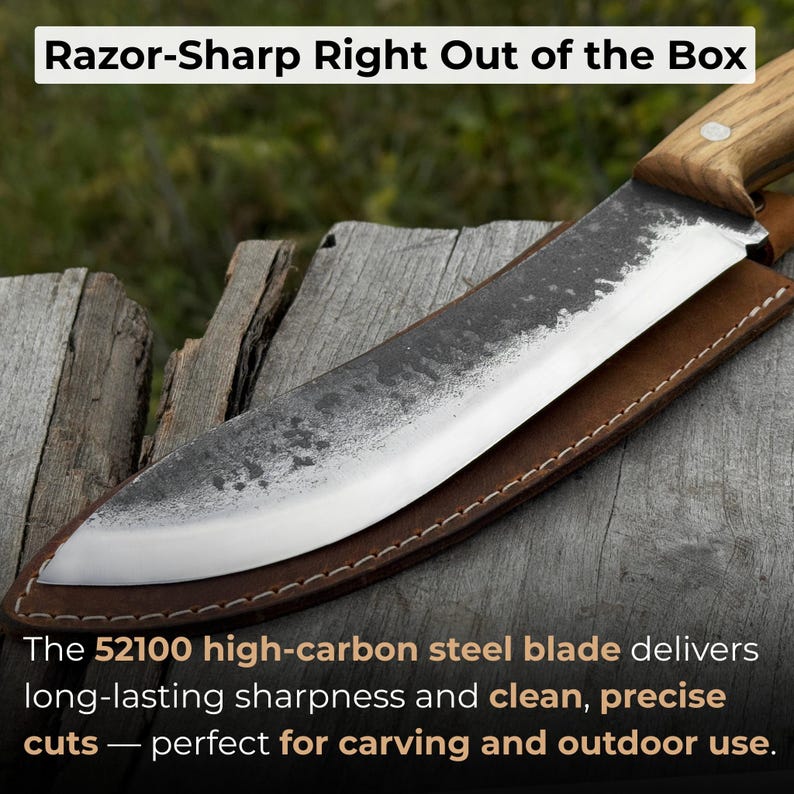 Skinning Knife. Razor Sharp Blade. Hand Forged From Hardened Carbon 52100 Steel, Ergonomic Ash Handle, With Leather Sheath. Bushcraft Knife. image 2