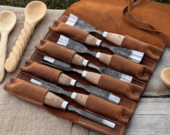 Handgeschmiedete Beitel mit scharfen Klingen aus Kohlenstoffstahl 52100, ergonomische Griffe aus Eschenholz – Holzschnitzbeitel für Schüsseln, Löffel, für die Formgebung