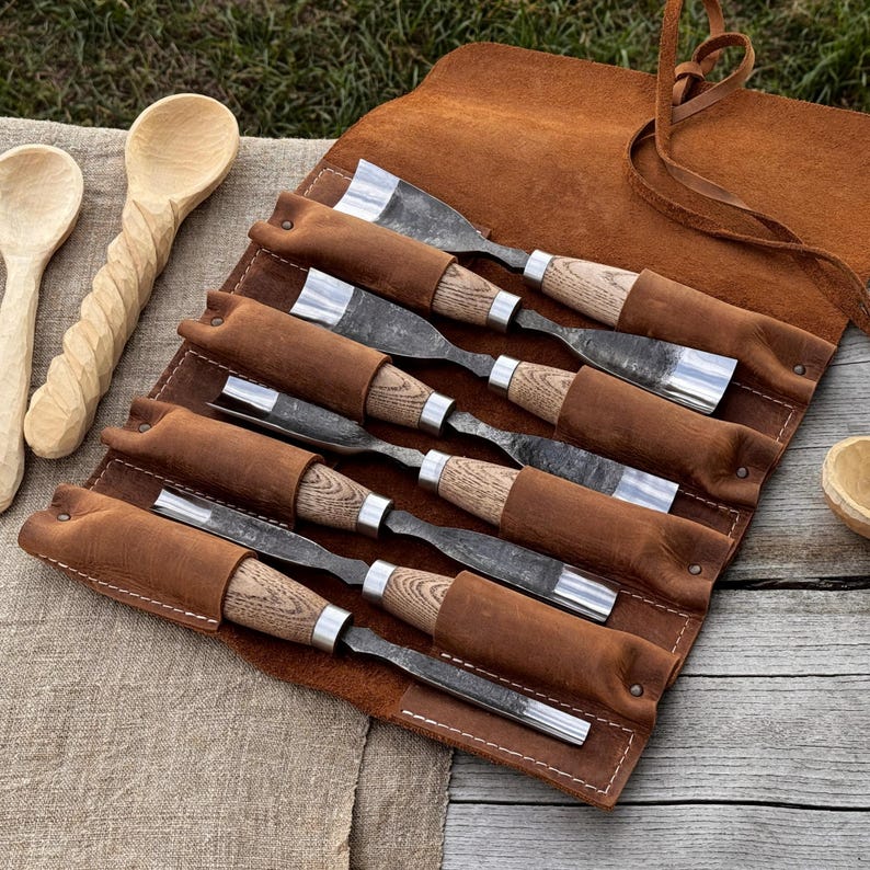 Spoon Gouges, Hand Forged 52100 Carbon Steel, Bowl Hollowing Gouge, Sculpting Tools Set of 8 Gouges