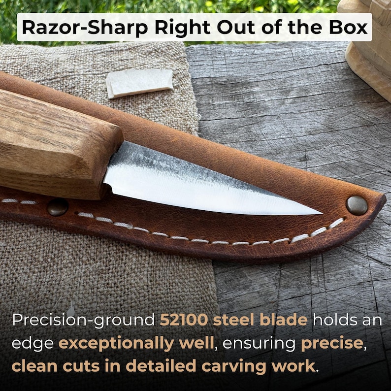 Close-up of polished carbon steel blade showing hand-forged texture, sharp edge, and refined bevel ideal for detailed wood carving.