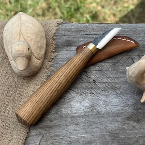 Wood Carving Knife for Beginners. Sharp Carbon Steel Blade, Ash Wood Handle. Hand Forged Knife for Detail Carving. Geometric Carving Knife.