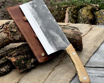 Chef Cleaver. Razor Sharp Blade. Hand Forged from Hardened Carbon 52100 Steel, Ergonomic Ash Handle, with Leather Sheath. Chopper Knife.