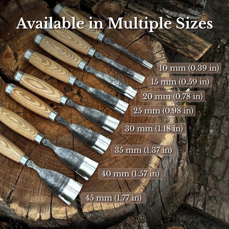 May include: A set of seven wood chisels with light brown wooden handles and metal blades, arranged in a row. The text "Available in Multiple Sizes" is displayed, along with labels for 10 mm (0.39 in), 15 mm (0.59 in), 20 mm (0.78 in), 25 mm (0.98 in), 30 mm (1.18 in), 35 mm (1.37 in), 40 mm (1.57 in), and 45 mm (1.77 in).