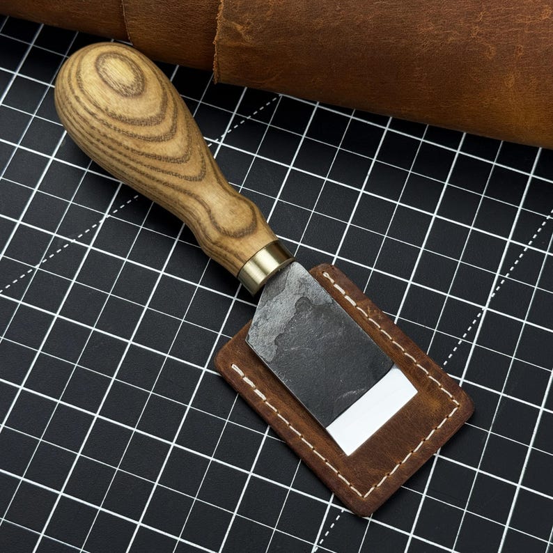 Flat Skiving Knife. Razor Sharp Blade. Hand Forged From Hardened Carbon 52100 Steel, Ergonomic Ash Handle, With Leather Sheath. Leather Tool image 1