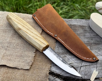 Hand-Forged Sloyd Knife for Wood Carving, 52100 Carbon Blade, Ash Handle, Whittling Tool