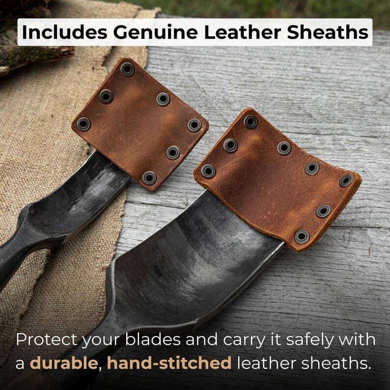 May include: Two black blades with brown leather sheaths. The sheaths are hand-stitched and secured with rivets. The text in the image reads, "Includes Genuine Leather Sheaths" and "Protect your blades and carry it safely with a durable, hand-stitched leather sheaths."