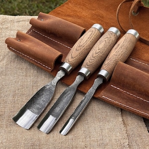Hand-Forged Set of 3 Wood Carving Gouge for Wood Project. Sharp Carbon Steel Blades, Ergonomic Ash Wood Handles. Spoon, Bowl Carving Gouges.