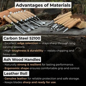 Pode incluir: Um conjunto de ferramentas de entalhe em madeira com cabos de madeira de freixo e l&acirc;minas de a&ccedil;o carbono, exibidas em uma superf&iacute;cie de madeira. A imagem inclui texto destacando as vantagens dos materiais, como durabilidade.