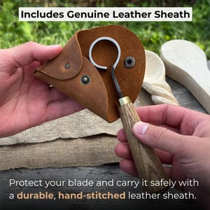 May include: A wood carving hook knife with a wooden handle and a metal blade, displayed with a brown leather sheath. The text "Includes Genuine Leather Sheath" and "Protect your blade and carry it safely with a durable, hand-stitched leather sheath" are visible.