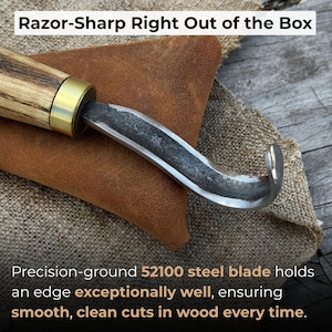 Forged Hook Knife for Wood Carving. Sharp Carbon Steel Blade, Ash Wood Handle, Leather Sheath. Beginners Knife for Carving Spoons, Bowls. image 2