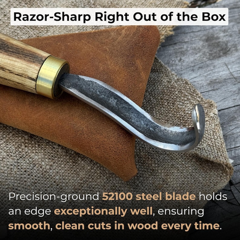 Forged Hook Knife for Wood Carving. Sharp Carbon Steel Blade, Ash Wood Handle, Leather Sheath. Beginners Knife for Carving Spoons, Bowls. image 2