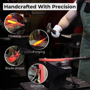 Może przedstawiać: Obraz przedstawiający proces obr&oacute;bki metali, z tekstem "Handcrafted With Precision" na g&oacute;rze. Obraz zawiera zbliżenia ogrzewania, kucia, kształtowania ostrza i szlifowania. Kucharz jest pokazany podczas pracy z młotkiem.
