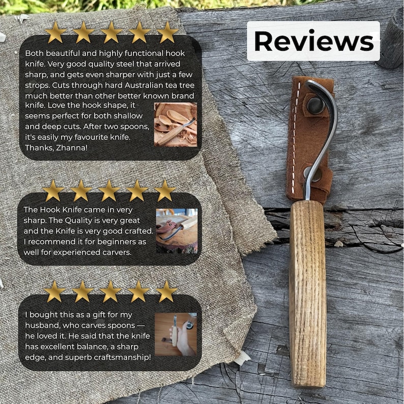 Hand Forged Hook Knife for Spoon Carving. Sharp Carbon Steel Blade, Ash Wood Handle, Leather Sheath. Beginners Knife for Wood Carving. image 9