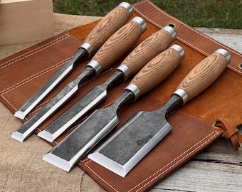 Chisels for Wood Carving. 52100 Carbon Steel Blades, Ash Wood Handles, Leather Bag. Hand-Forged Sculptural Carving Chisels. Gift