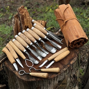 May include: A set of wood carving tools with wooden handles and metal blades, arranged on a tree stump. A rolled-up brown leather tool roll is also present. The tools include various gouges, knives, and hook tools.