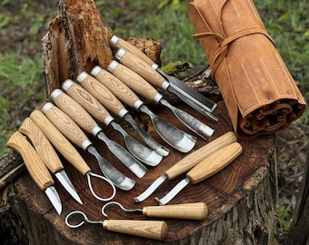 Wood Carving Tool Set – Hand Forged Gouges, Chisels & Knives with Leather Roll – Spoon Carving Kit.