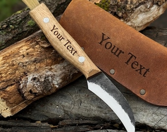Personalized Mushroom Foraging Knife, Hand Forged Carbon Steel Blade, Ash Handle, Leather Sheath