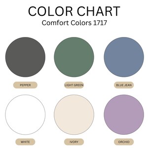 Op de afbeelding: Kleurenkaart met zes kleurstalen met de labels "Pepper", "Light Green", "Blue Jean", "White", "Ivory" en "Orchid". De kaart heeft de titel "Comfort Colors 1717".
