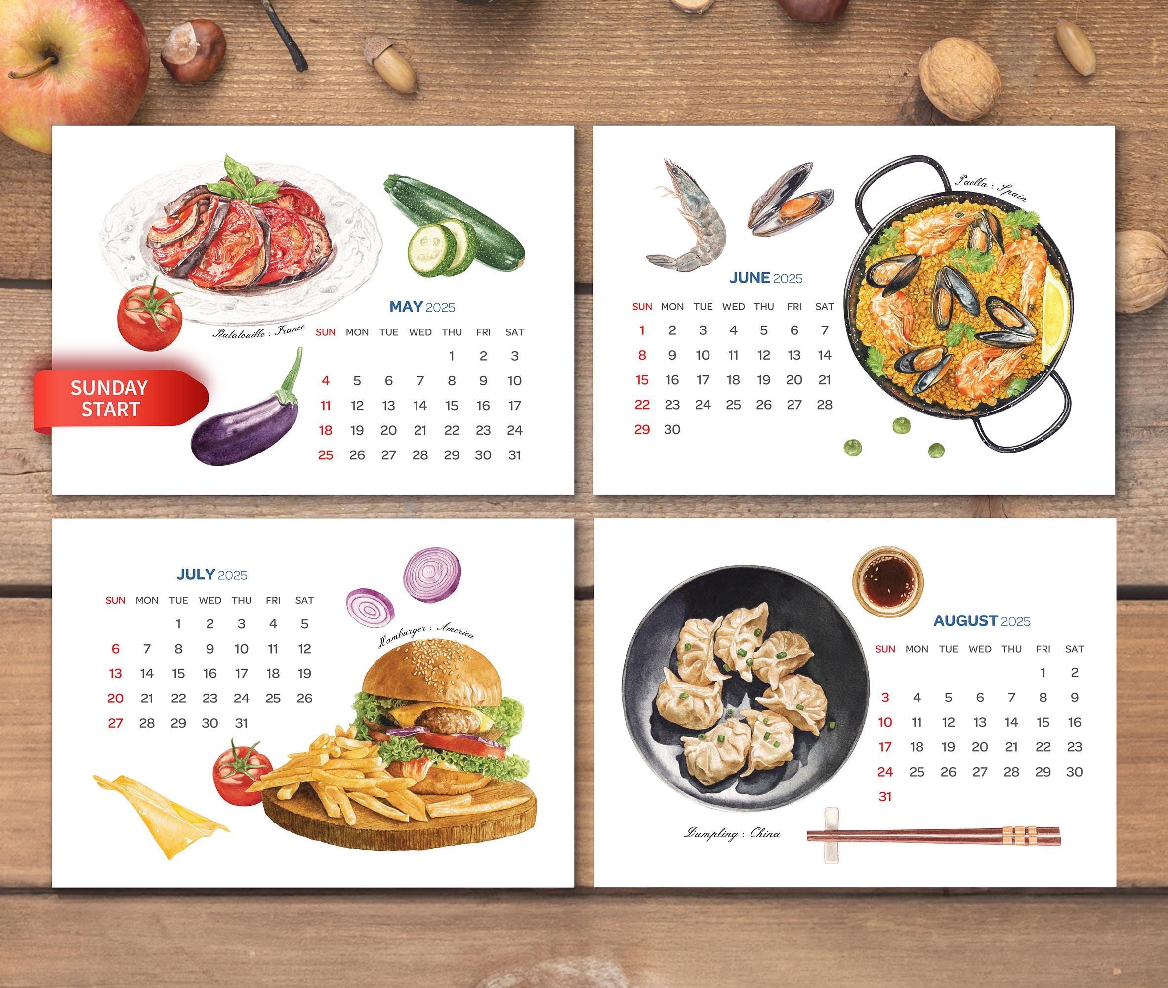 Printable Calendar 2025, Watercolor Art Calendar, Food Art Calendar, US