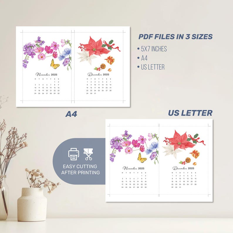 2025 Printable Calendar, Watercolor Floral Calendar 2025, 5 X 7 Inches Printable Calendar, 2025