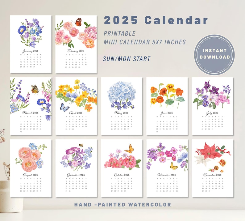 2025 Printable Calendar, Watercolor Floral Calendar 2025, 5 X 7 Inches ...