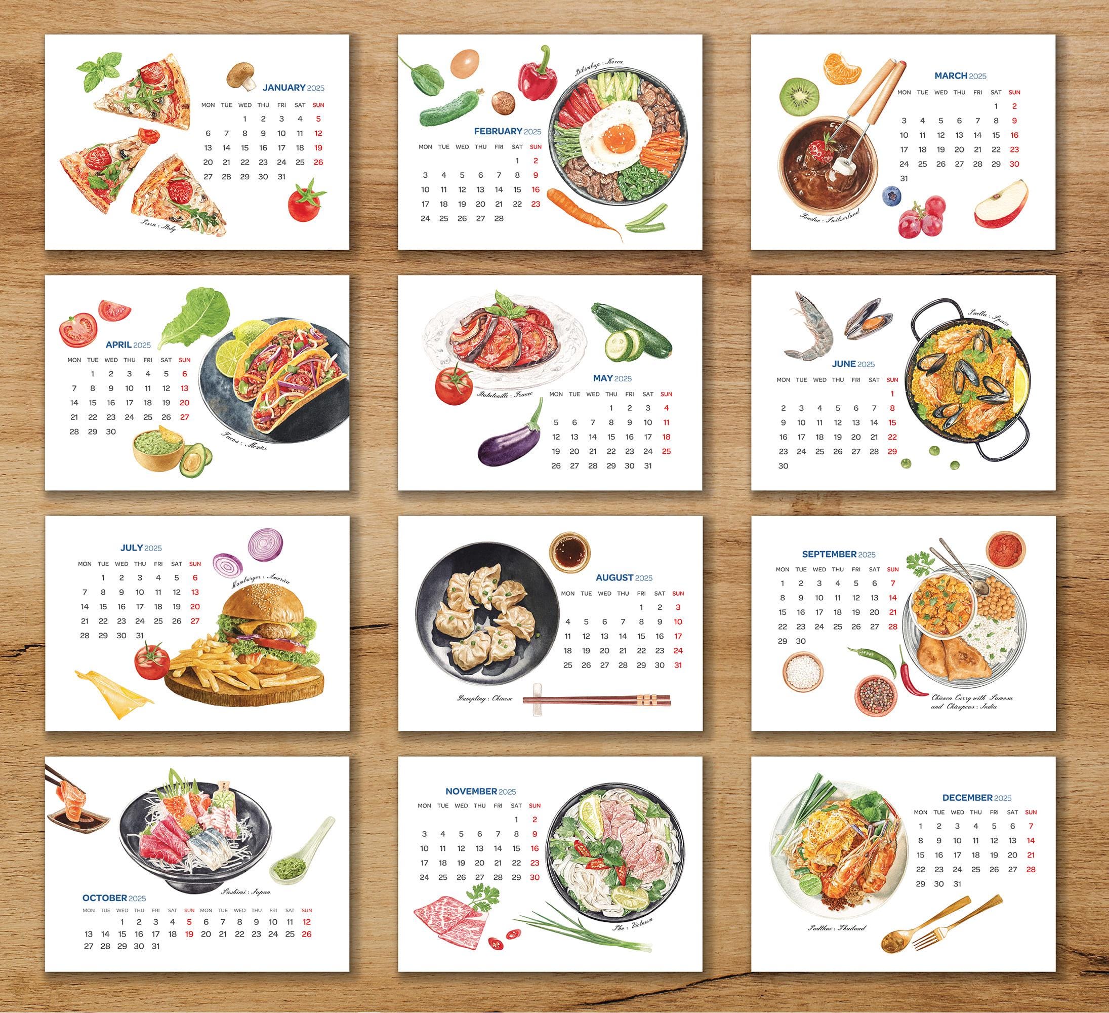 Printable Calendar 2025, Watercolor Art Calendar, Food Art Calendar, US