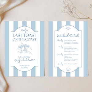 Peut inclure: Une carte à rayures bleues et blanches avec le texte "Emily's Last Toast on the Coast" et un dessin de quatre personnes trinquant avec des verres de champagne. La carte comprend également le texte "Let's celebrate Emily's bachelorette!" et "The Hamptons July 10 12". Une deuxième carte avec le même fond à rayures bleues et blanches a le texte "Weekend Details" et une liste d'événements pour chaque jour de la semaine.