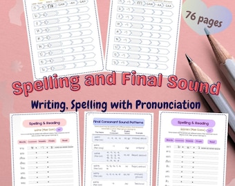 May include: Educational workbook titled "Spelling and Final Sound" with the text "Writing, Spelling with Pronunciation." The workbook includes pages on short and long vowels, and consonant sound patterns. The image also shows the text "76 pages" and two pencils.