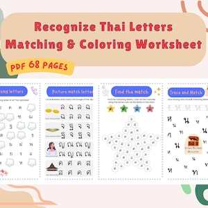 68 Seiten PDF Kennen Sie das Alphabet-Erkenne thailändische Buchstaben-Passende Färbung Arbeitsblätter