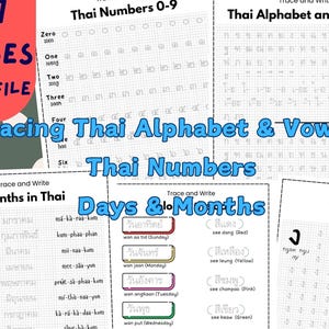 May include: A printable workbook with 47 pages of tracing activities for learning the Thai alphabet, vowels, and numbers. The workbook includes pages for tracing the Thai alphabet, vowels, and numbers 0-9. The workbook also includes pages for tracing the months of the year in Thai and the days of the week in Thai.