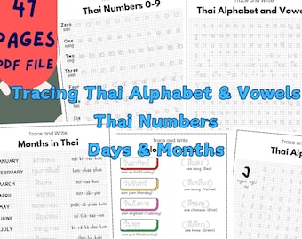 May include: A printable workbook with 47 pages of tracing activities for learning the Thai alphabet, vowels, and numbers. The workbook includes pages for tracing the Thai alphabet, vowels, and numbers 0-9. The workbook also includes pages for tracing the months of the year in Thai and the days of the week in Thai.