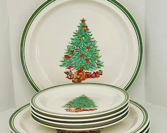 Vajilla navideña vintage con diseño de árbol: Platos con ancla y magia navideña