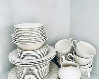 Vintage Johnson Brothers Ironstone Dinnerware: Scalloped Plates, Bowls, Tea Set