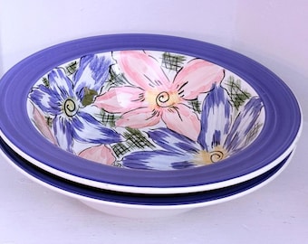 Beautiful Vintage 4 Individual Large 1970s Hand Decorated Ceramic Floral Motif Serving Bowls Made in Italy.
