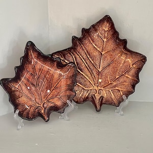 Vintage &quot;Akcam&quot; Maple Leaf Shaped Glass Dishes, Fall Decorative Two Glass Leaf Shaped Plates Thanksgiving Decor