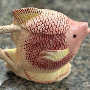 Unique Vintage FITZ AND FLOYD Majolica Under The Sea Koi Fish Ironstone Pink Fish.