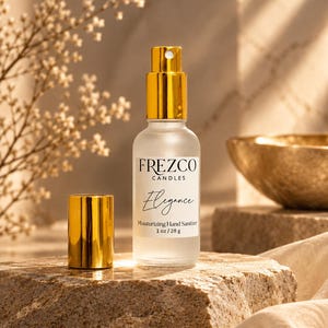 Könnte beinhalten: Eine Sprühflasche aus Milchglas mit Frezco Candles Elegance feuchtigkeitsspendendem Handdesinfektionsmittel und einem glänzenden goldenen Verschluss. Das Etikett zeigt den Markennamen, den Produktnamen und das Gewicht von 28 g. Die Flasche steht aufrecht.
