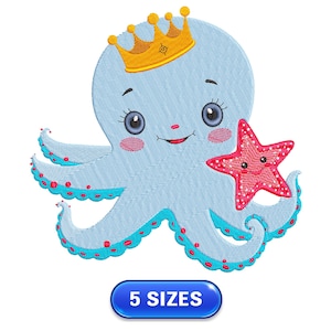 May include: A blue octopus wearing a yellow crown and holding a pink starfish. The octopus has a smiling face with big blue eyes.