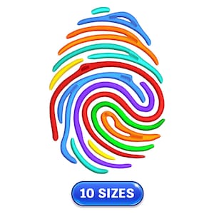 Op de afbeelding: Een kleurrijk vingerafdrukontwerp met 10 verschillende maten. De vingerafdruk is gemaakt van regenboogkleuren, waaronder rood, oranje, geel, groen, blauw, indigo en violet.