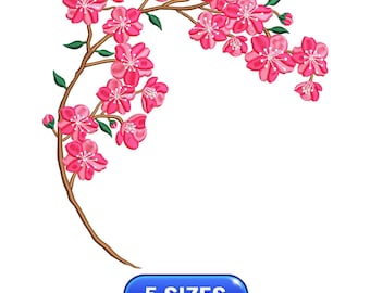 May include: Pink cherry blossom branch with delicate flowers and green leaves. The branch is curved into a crescent shape. The image includes the text "5 SIZES".