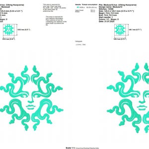 Pu&ograve; includere: Due identici ricami di Medusa turchese. Ogni disegno presenta un volto con capelli a forma di serpente. Le dimensioni del disegno sono 135,3 x 135,0 mm e 145,3 x 145,1 mm. I disegni sono su sfondo bianco.
