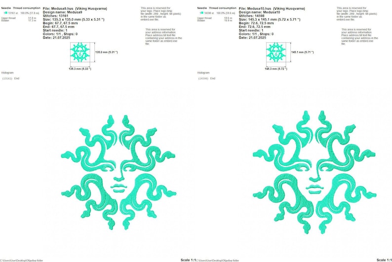 Pu&ograve; includere: Due identici ricami di Medusa turchese. Ogni disegno presenta un volto con capelli a forma di serpente. Le dimensioni del disegno sono 135,3 x 135,0 mm e 145,3 x 145,1 mm. I disegni sono su sfondo bianco.