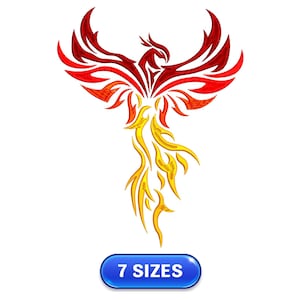 May include: Red and yellow stylized embroidery design of a phoenix with the text "7 SIZES" in a blue rectangle.