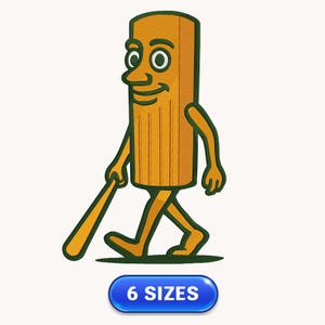 May include: An embroidered patch design featuring a cartoon character shaped like a rectangular wooden plank with a face, arms, and legs, walking while holding a baseball bat. Below the character is a blue button with the text 6 SIZES.