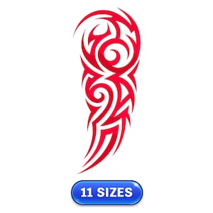 May include: A vibrant red tribal tattoo design with swirling patterns and sharp edges. The design is displayed on a white background. A blue button at the bottom reads "11 SIZES".