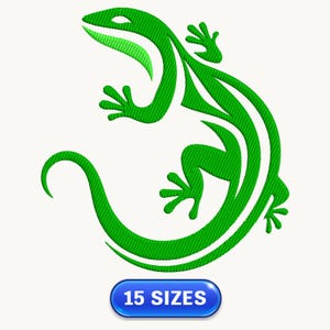 May include: A green lizard design with a textured appearance. The lizard is stylized with curved lines and a long tail. A blue button at the bottom reads "15 SIZES".